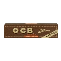 OCB Virgin Slim Unbleached (Braun) + Tips - 109x44mm - 32 Blatt und 32 Tips pro Heftchen